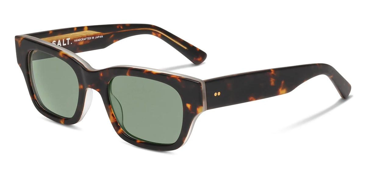 SALT. Burnet rectangular sunglasses by SALT., featuring tortoiseshell thick frames and green polarized optical lenses, are shown at an angle displaying both the front and side arms.