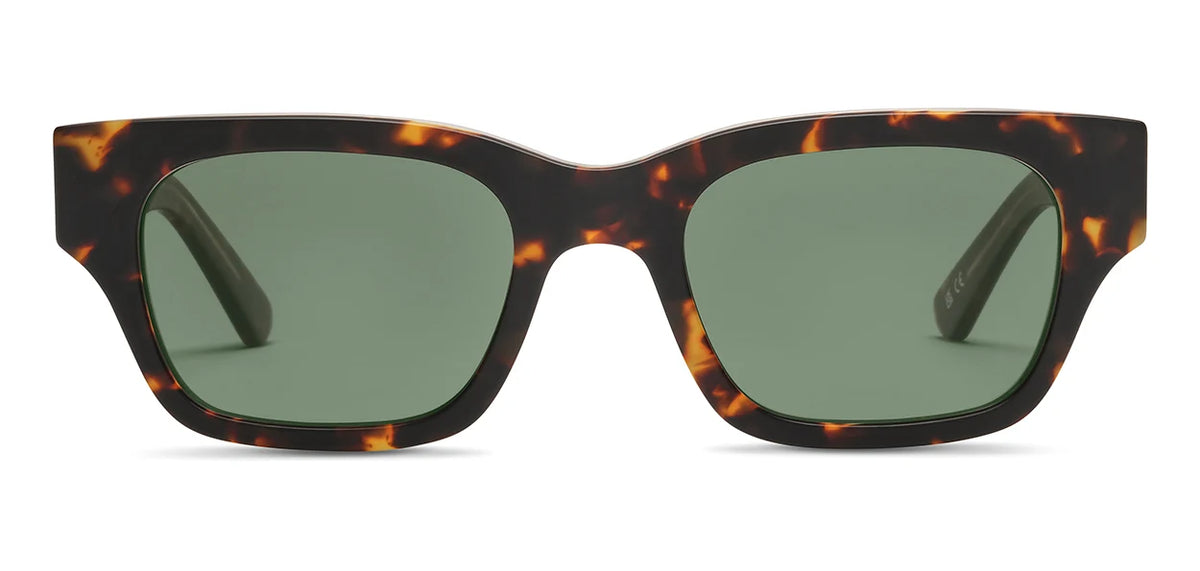 The SALT. Burnet rectangular sunglasses feature green polarized optical lenses and thick, dark tortoiseshell frames crafted from premium Japanese acetate, displayed front-facing on a white background.