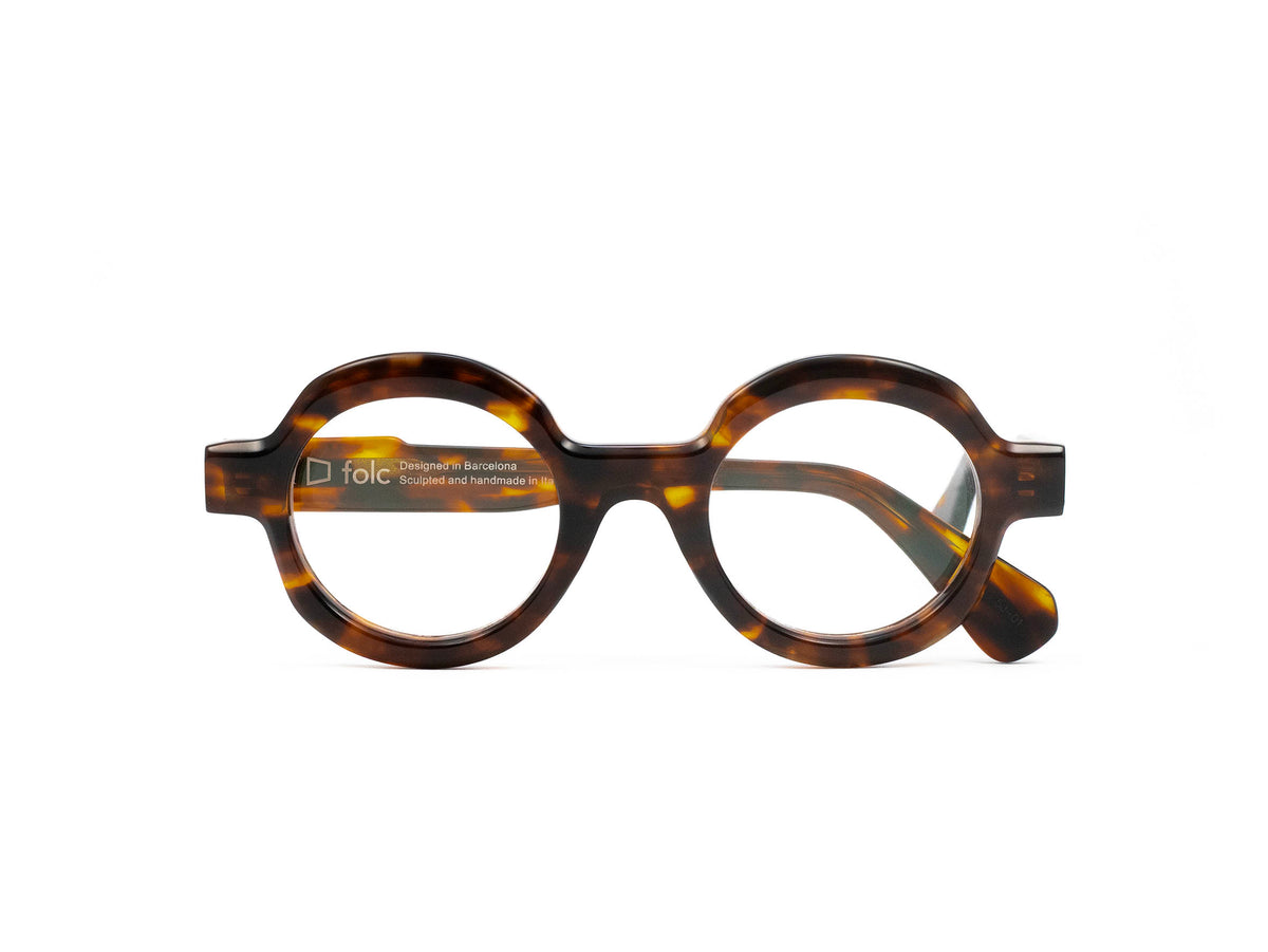 Folc Ciro contemporary round-rimmed glasses in tortoiseshell with thick, Italian-made acetate frames.