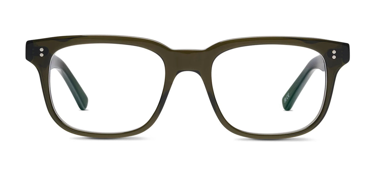 SALT. Campbell by SALT.—stylish handcrafted eyeglasses showcasing oversized rectangular frames in thick, dark olive green Japanese acetate with slightly angled arms, displayed face-on against a white background.