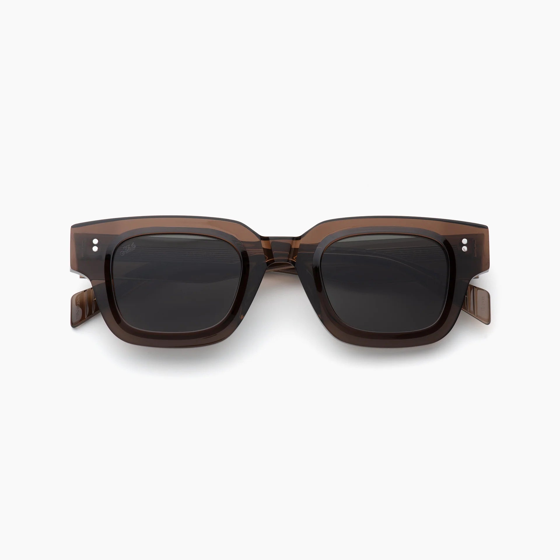A pair of square sunglasses with a translucent dark brown acetate frame and dark lenses, shown from a front-facing perspective on a light gray background.