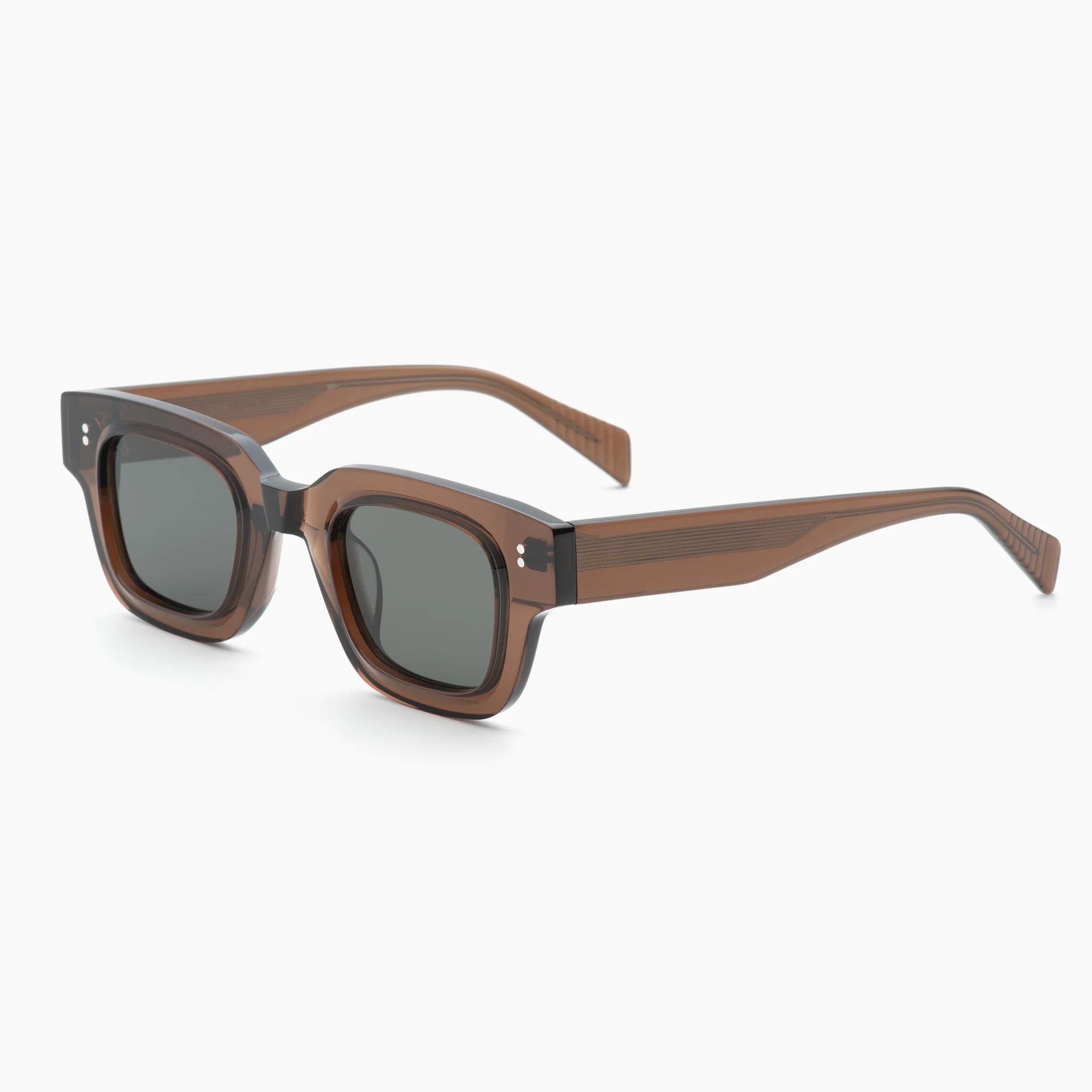 Acrylic sunglasses with a brown translucent frame and dark gray lenses, shown on a light gray background.