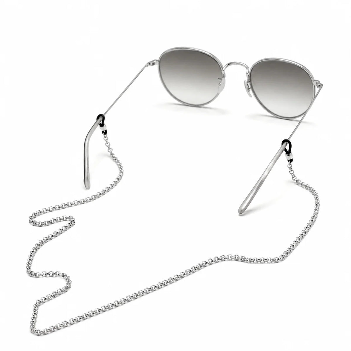Round-frame sunglasses with gradient lenses attached to a silver-tone metal La Loop Claudia Leash eyewear accessory.