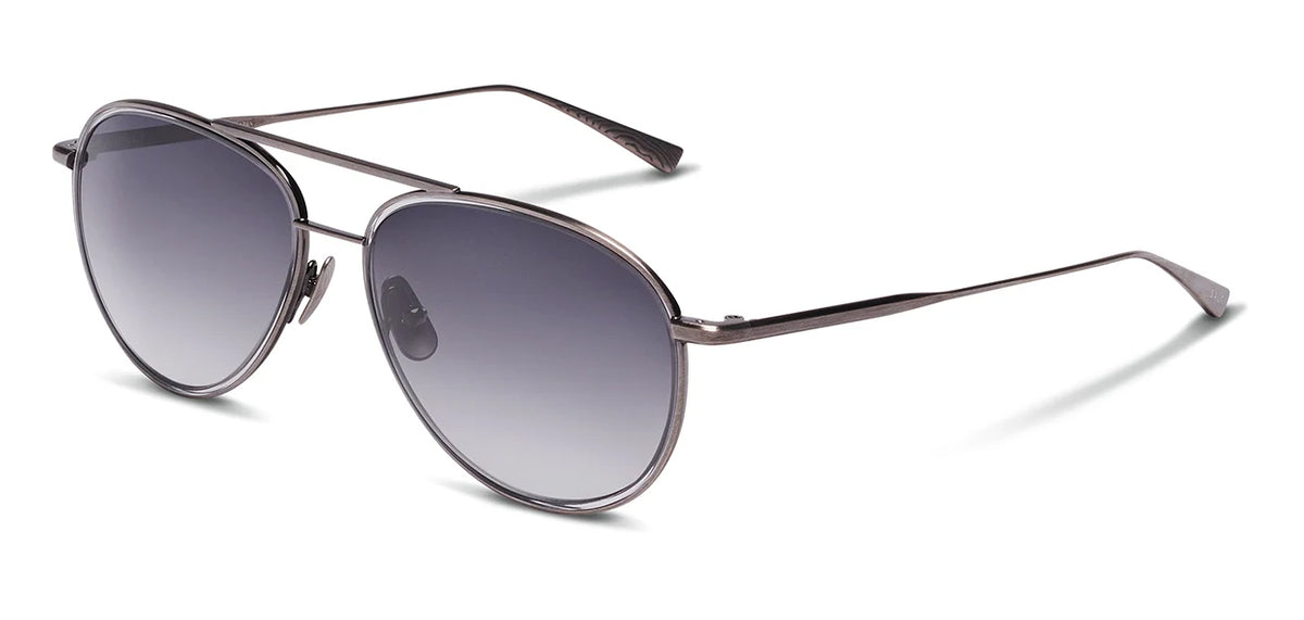 The SALT. Columbia 56 sunglasses by SALT. feature round metal frames with dark gradient lenses and thin arms, enhanced with a subtle acetate insert for added comfort, showcased against a white background.