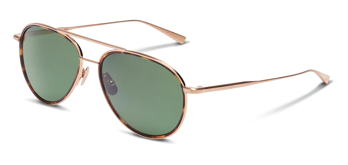The SALT. Columbia 56 aviator sunglasses by SALT., featuring gold frames, green-tinted lenses, thin metal arms, and a subtle acetate insert, are displayed on a white background.