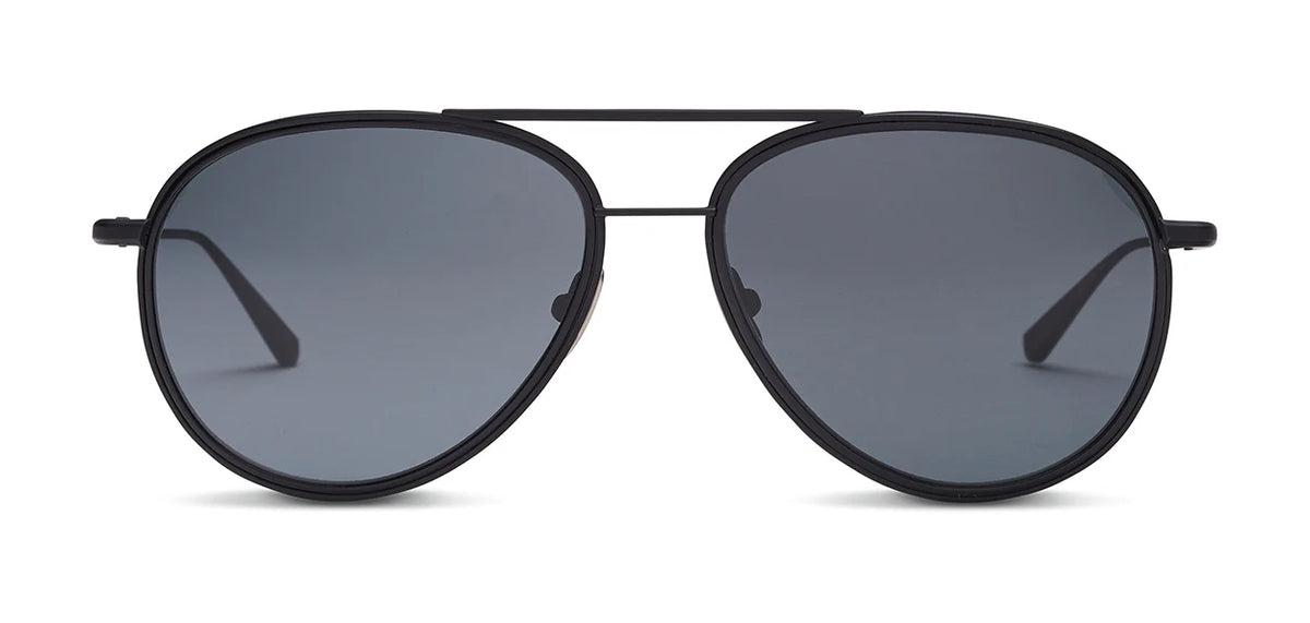 The SALT. Columbia 56 by SALT. are black aviator sunglasses with dark tinted lenses, a thin metal frame featuring an acetate insert, and a double bridge, shown from the front on a plain white background. Expertly made in Japan.