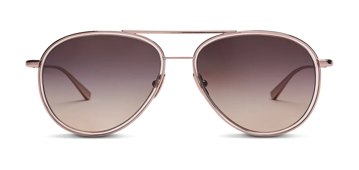 SALT. Columbia 56 aviator sunglasses by SALT., featuring a thin rose gold metal frame with subtle acetate inserts and brown gradient lenses, displayed from the front against a white background.