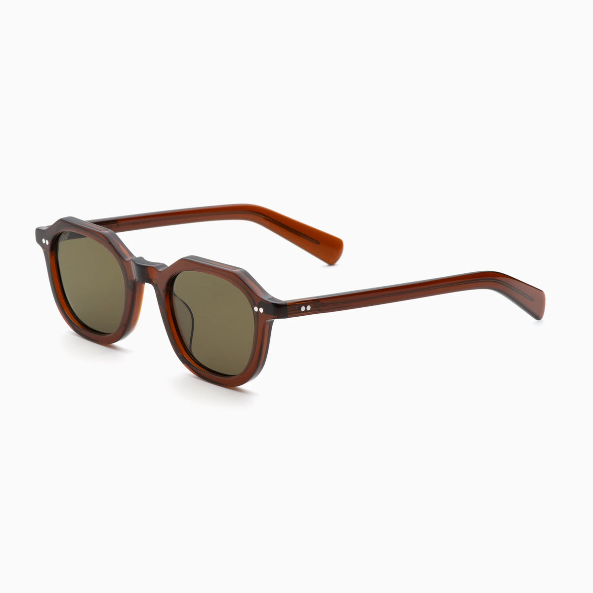The Akila Eira by Akila features brown acetate frames with round, dark green lenses, a keyhole bridge, and subtly thick arms that capture the iconic mid-century French crown panto vibe. Shown on a white background, these medium fit sunglasses combine classic sophistication with contemporary comfort.