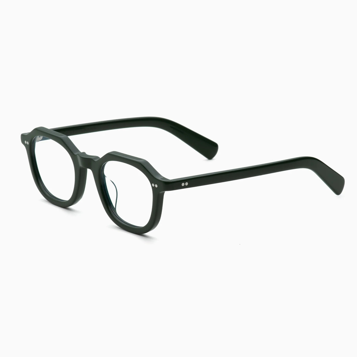 Akila Eira eyeglasses by Akila showcase black, round, thick frames inspired by mid-century French crown panto design, highlighted with silver accents near the hinges and slightly angled temples. The frames are displayed against a plain white background.
