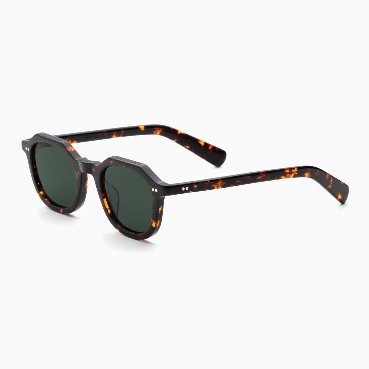 Akila Eira sunglasses by Akila, featuring round dark green lenses and thick tortoiseshell frames inspired by the classic mid-century French crown panto style, displayed on a white background.