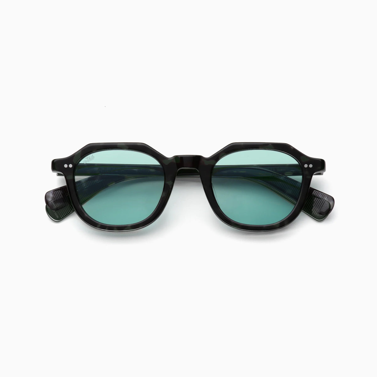 Akila Eira sunglasses by Akila, featuring round black thick frames and green-tinted lenses, are displayed facing forward against a plain white background—a modern interpretation of the iconic mid-century French crown panto style.