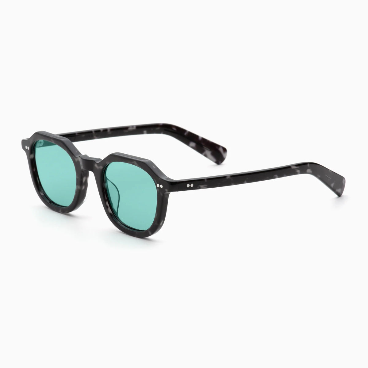 Akila Eira by Akila—black tortoiseshell sunglasses inspired by mid-century French crown panto style, featuring round teal lenses and two small metallic rivets near the hinges, displayed on a white background.