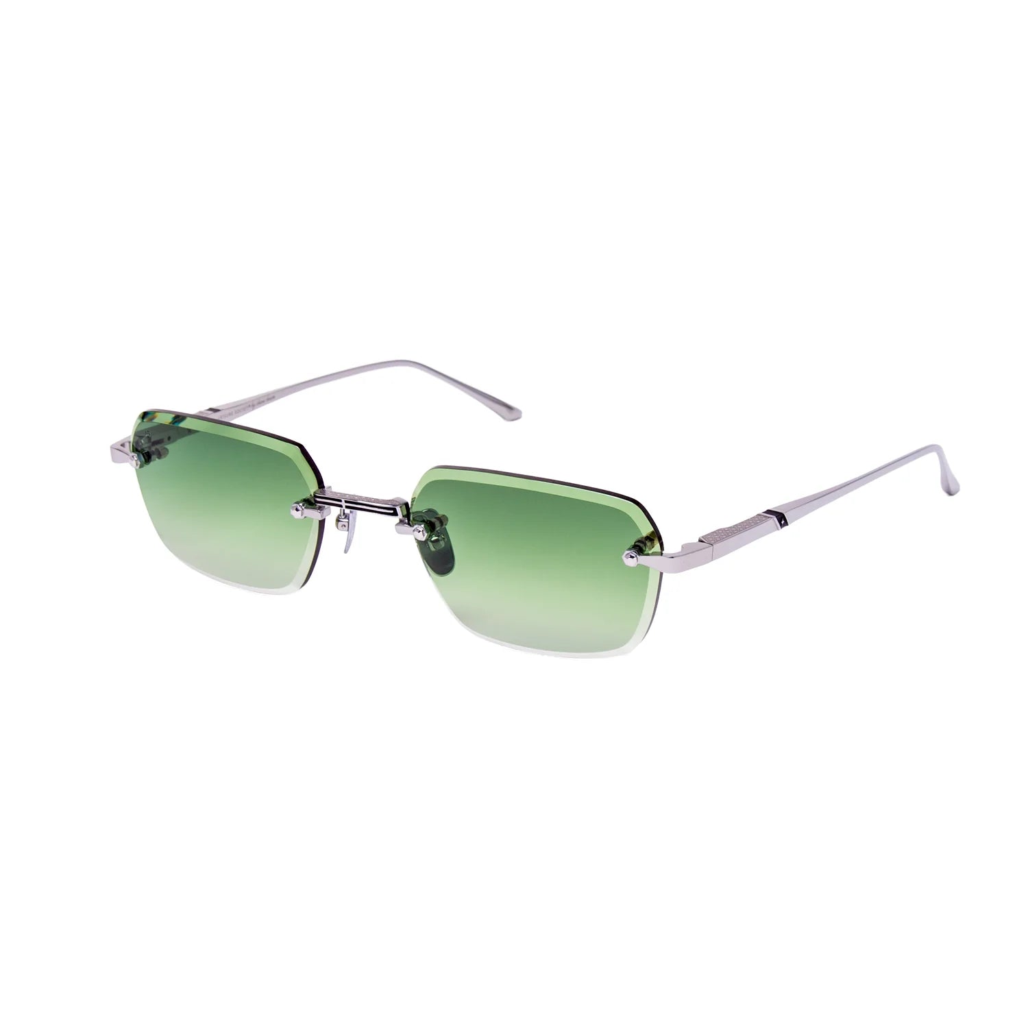 Rimless sunglasses with green gradient lenses and slim silver metal temples, shown on a plain white background.