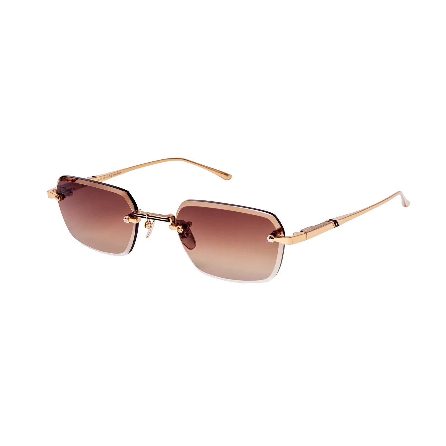 Rimless square sunglasses with a gold-tone metal frame and brown gradient lenses, shown on a plain white background.