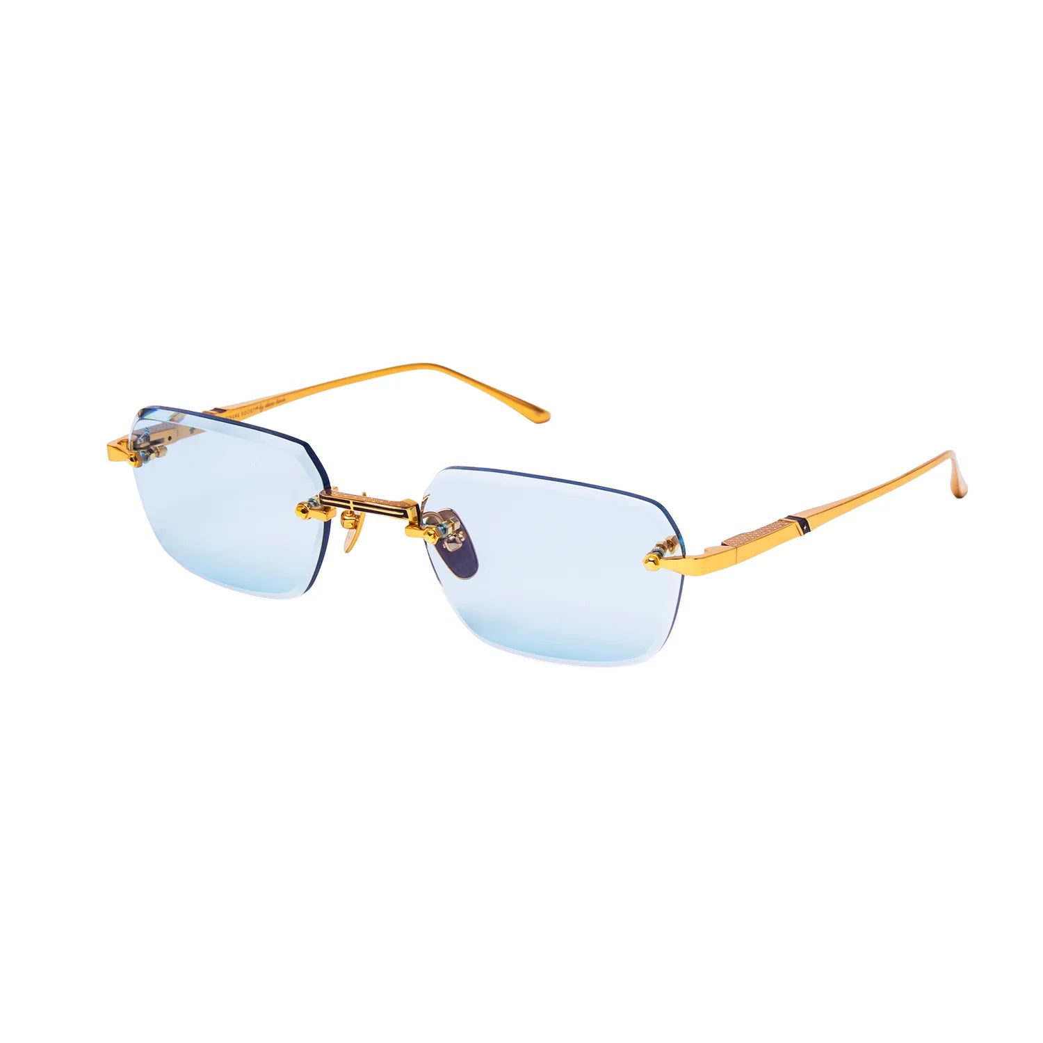 Rimless square sunglasses with light blue lenses and gold metal frames, shown on a plain white background.