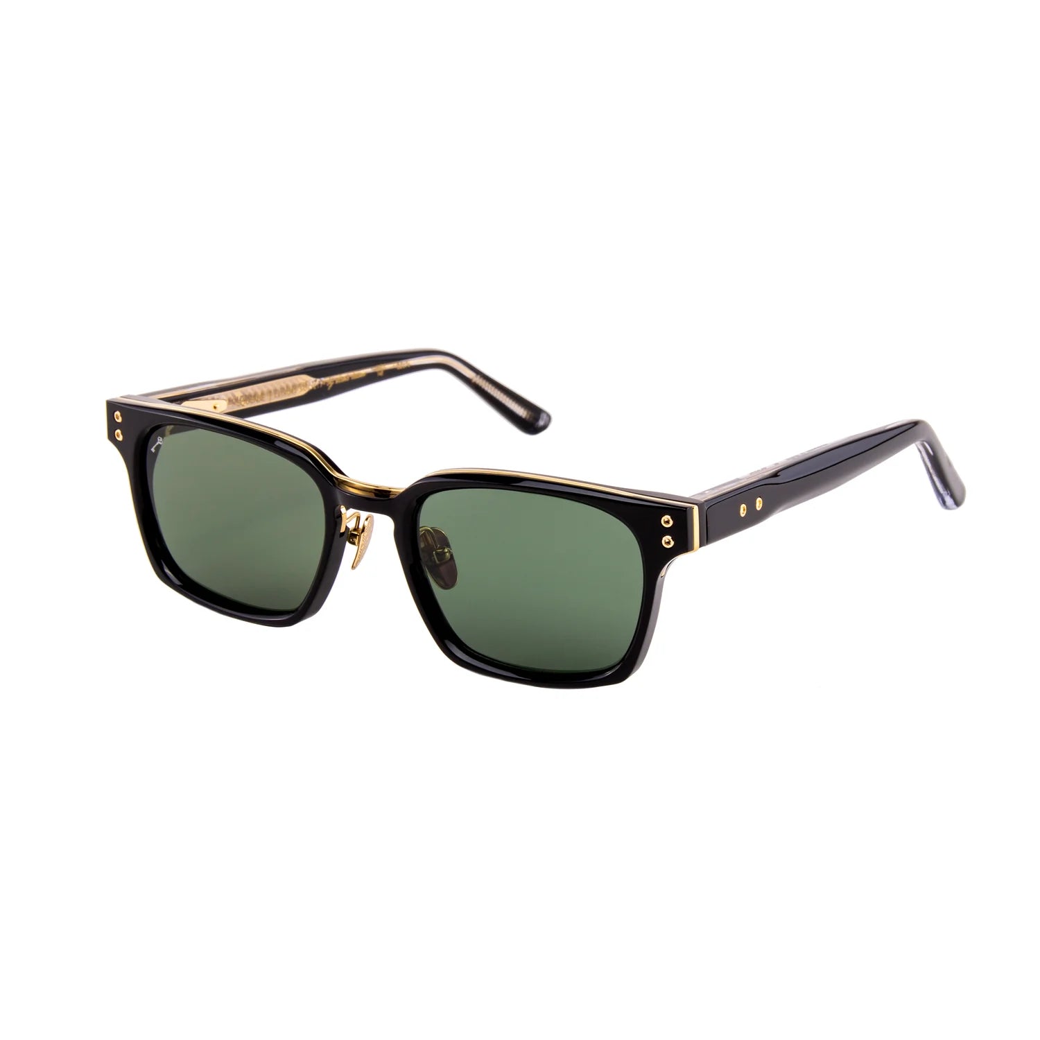 A pair of sunglasses with a glossy black acetate frame, gold metal trim, and dark green lenses, shown on a plain white background.