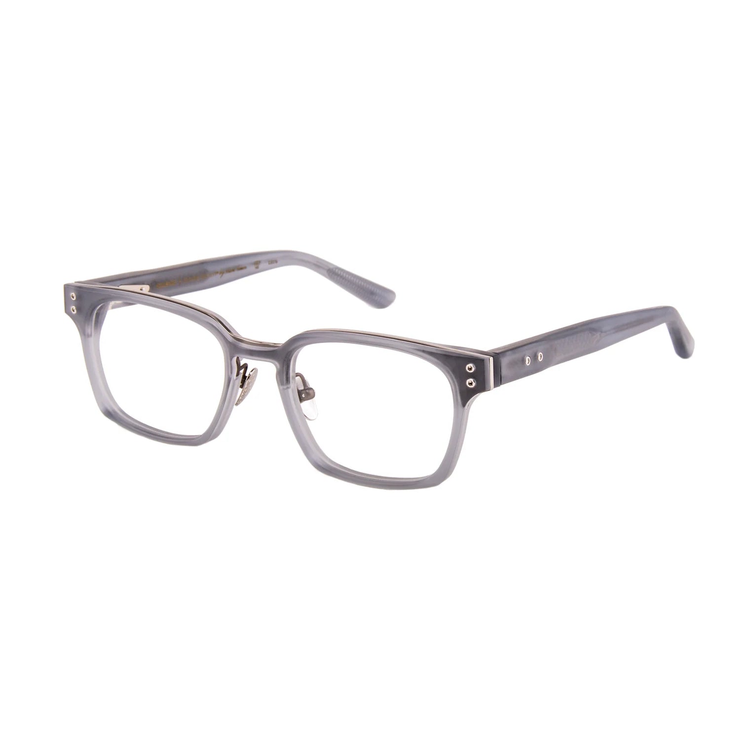 The Leisure Society Equense eyeglasses by Leisure Society feature clear, rectangular lenses set in thick gray frames with metal accents at the hinges. These luxury frames showcase a modern, stylish design inspired by Italian eyewear, beautifully displayed against a white background.