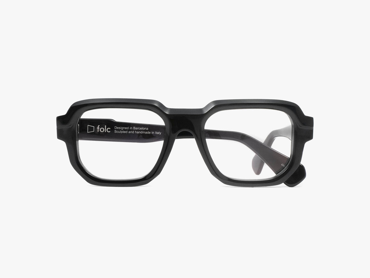 Folc Gurb contemporary black rectangular-frame eyeglasses with clear lenses, crafted from Italian-made acetate.