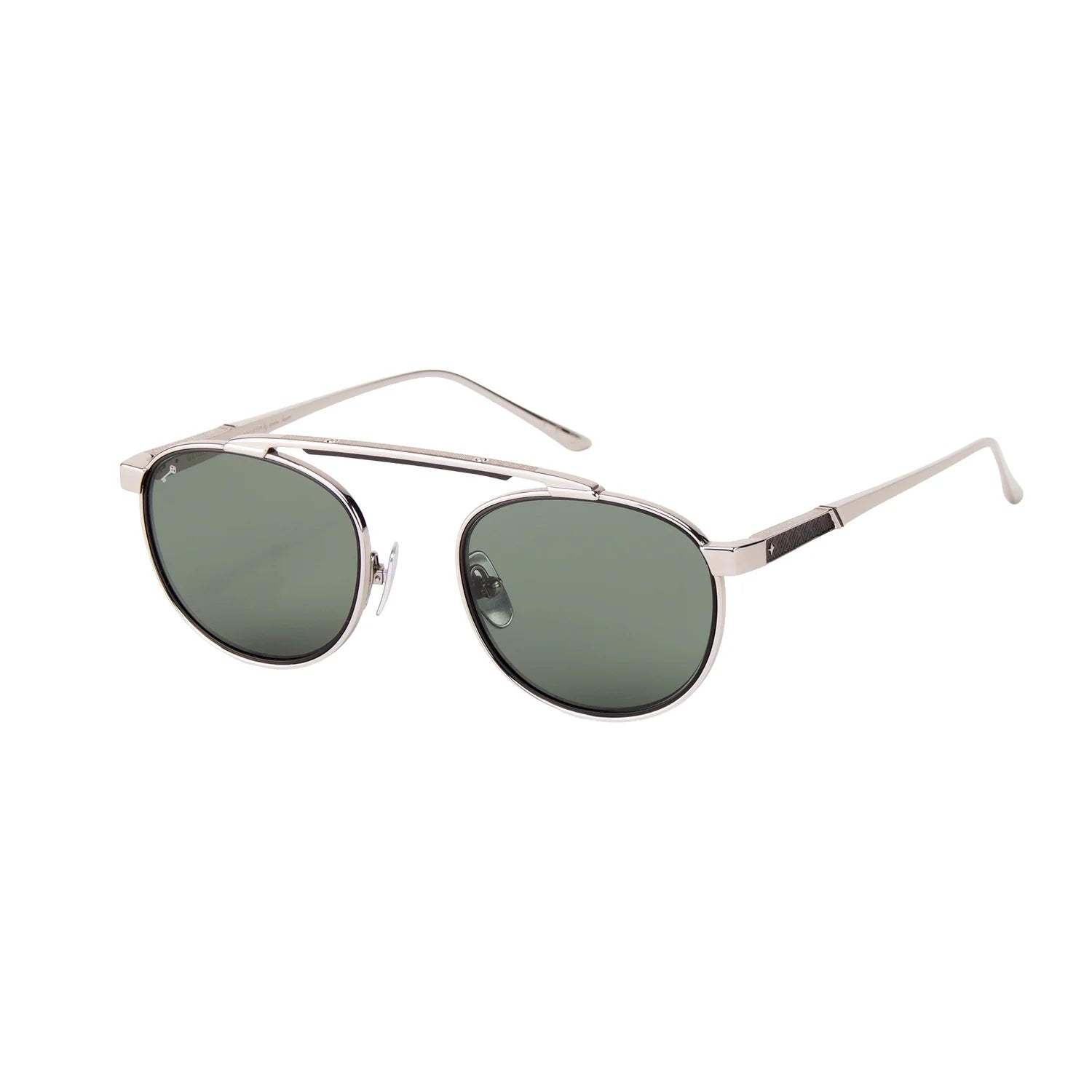 A pair of aviator-style sunglasses with a silver-tone metal frame and dark green lenses, shown against a plain white background.