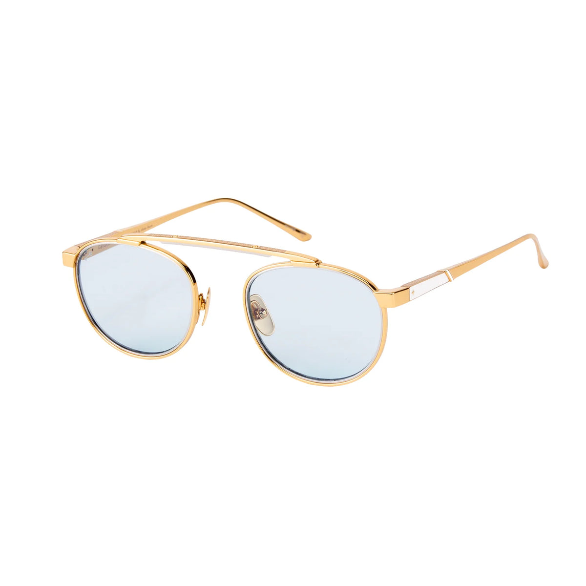 Leisure Society The Vault: Geiger gold-plated titanium aviator sunglasses featuring a double bridge and round, photochromic blue tint lenses.
