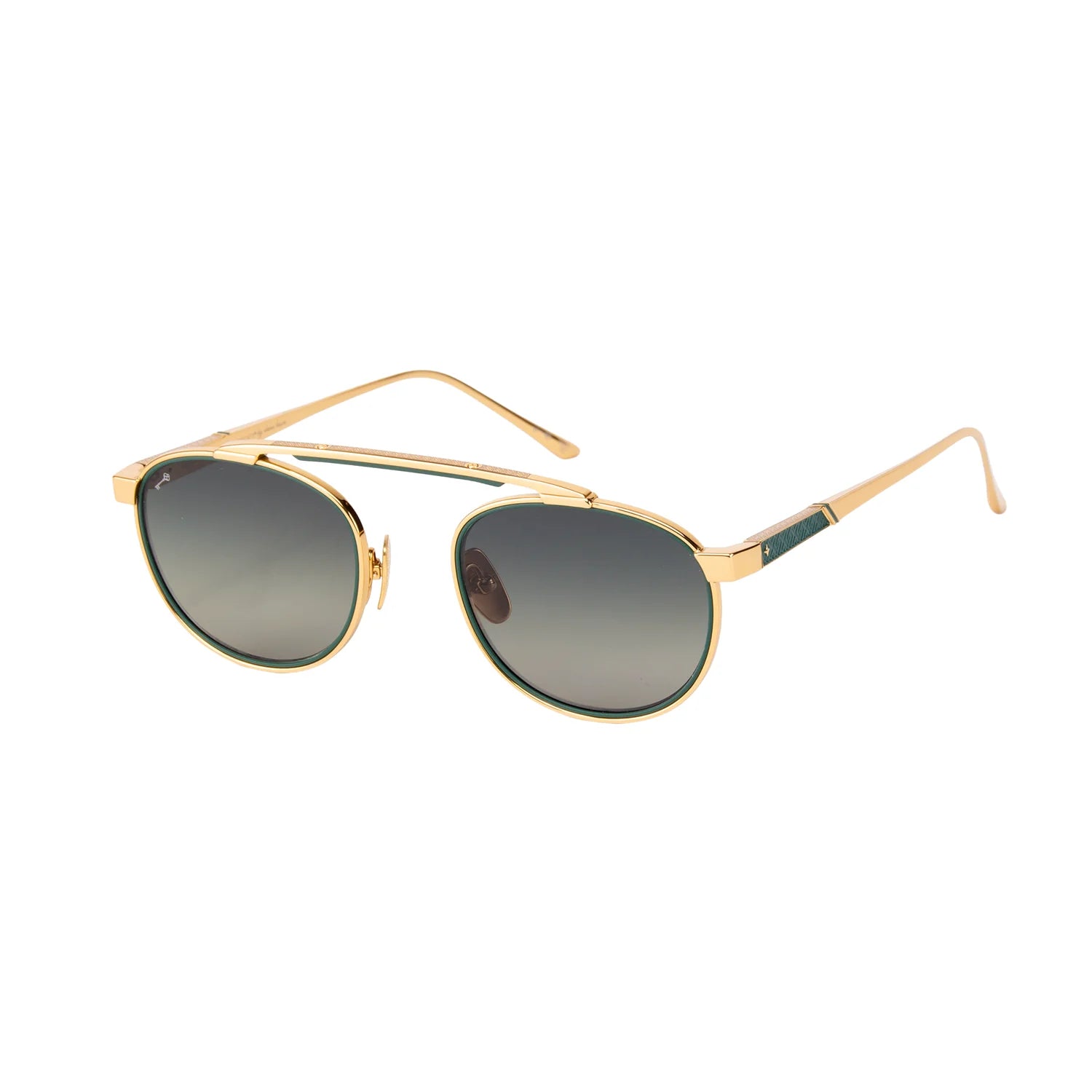 Sunglasses with gold frame and dark lenses on a white background