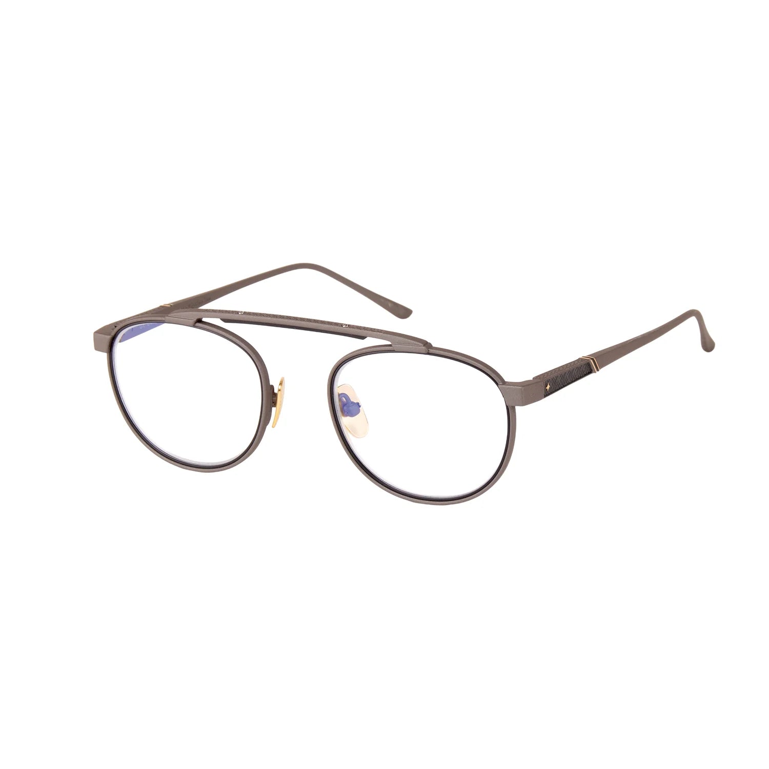 A pair of oval-frame eyeglasses with a dark brown metal frame and clear lenses, shown from a three-quarters angle on a solid white background.