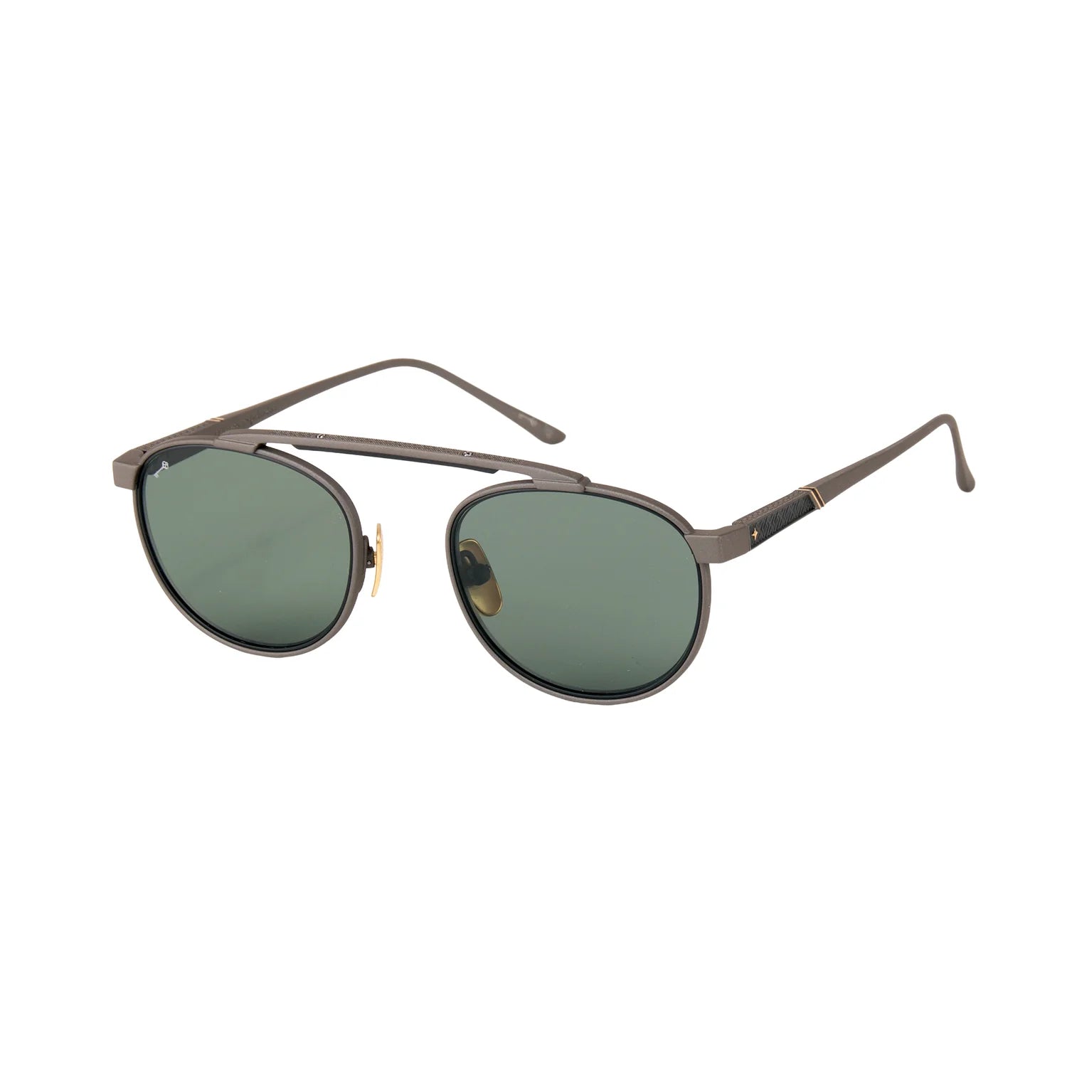 Sunglasses with a gradient purple lens on a white background