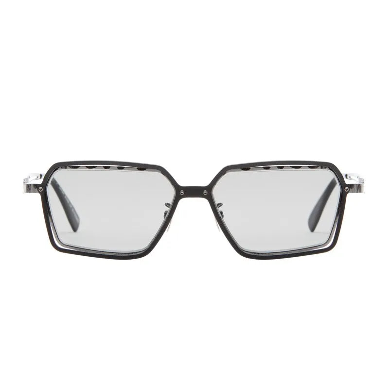 Sunglasses with black frame and reflective lenses on a white background