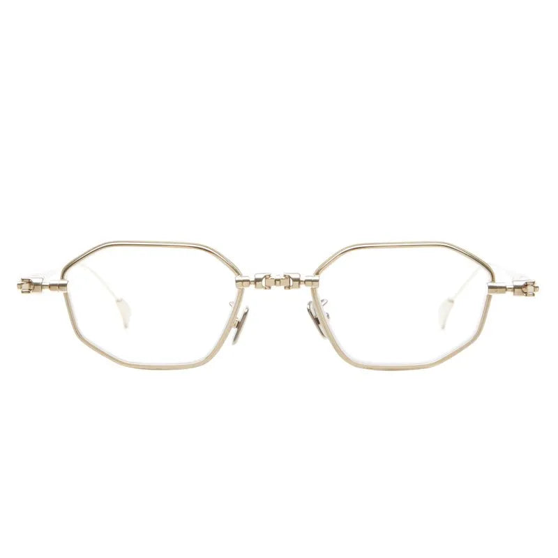 Oversized hexagonal metal eyeglass frames in a champagne gold finish with clear lenses, shown against a plain white background.