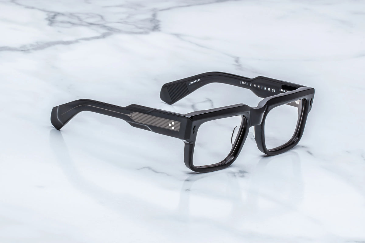 Sophisticated black rectangular-frame Jacques Marie Mage Hemmings eyeglasses with silver metal temple detailing.