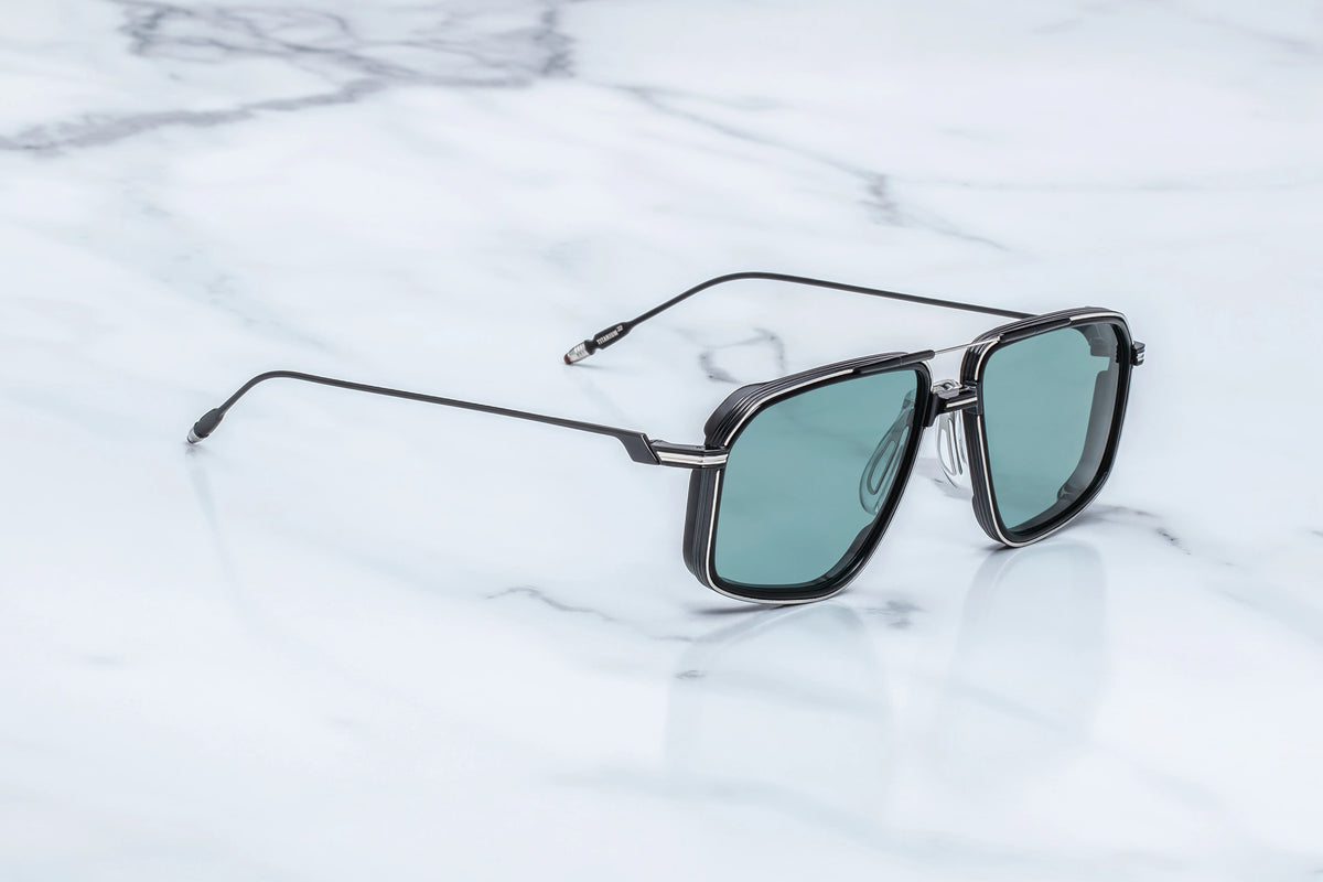 Jacques Marie Mage Jagger oversized aviators featuring a black double-bridge metal frame and light green lenses, designed for unmatched animal magnetism.