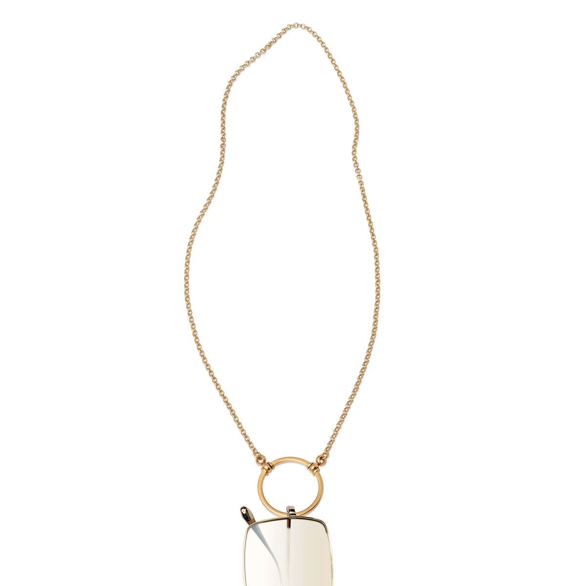 La Loop Claudia gold-toned necklace featuring a circular pendant that serves as a lightweight glasses holder.