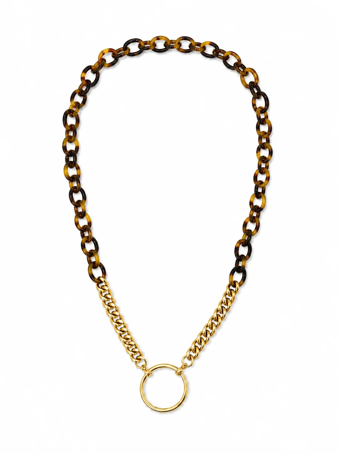 The La Loop Tonne Duet necklace features an Italian acetate tortoiseshell-patterned link chain connected to gold-tone metal chains that meet at a large circular pendant ring.