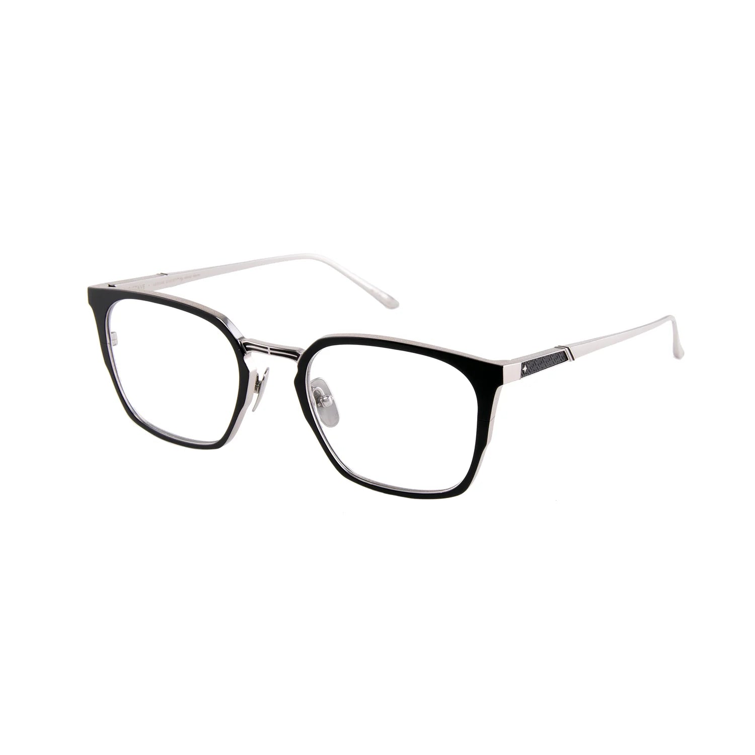 A pair of modern square eyeglasses featuring a black acetate front frame with silver metal temples and bridge, set against a plain white background.