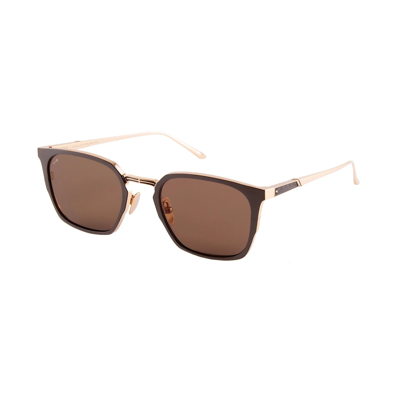 Gold-framed sunglasses with brown lenses on a light gray background