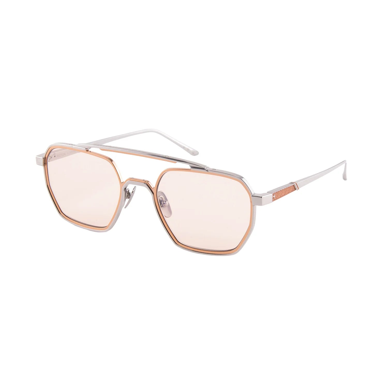 A pair of angular aviator-style sunglasses with a silver-tone metal frame, rose gold trim around the lenses, and pale pink tinted lenses, shown on a plain white background.