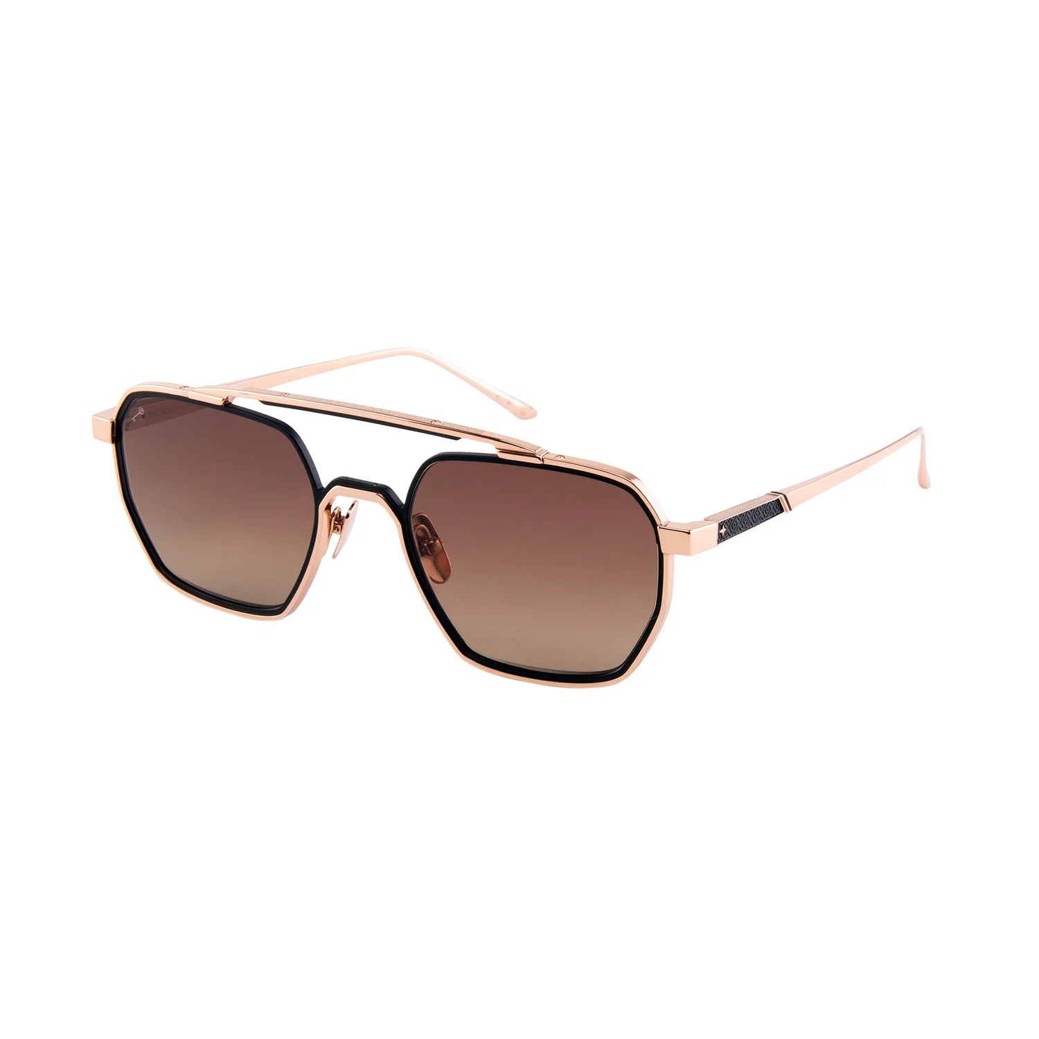 A pair of angular aviator-style sunglasses with a rose gold metal frame and brown gradient lenses, shown on a plain white background.