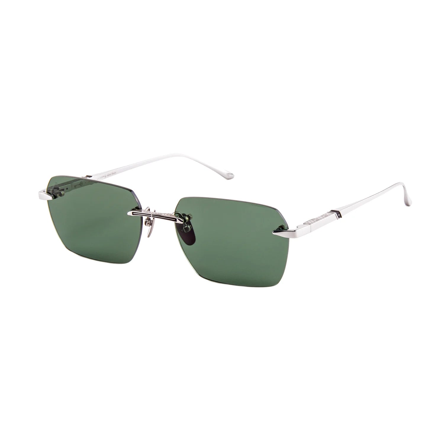 Rimless square sunglasses with green tinted lenses and slim silver metal temples on a white background.