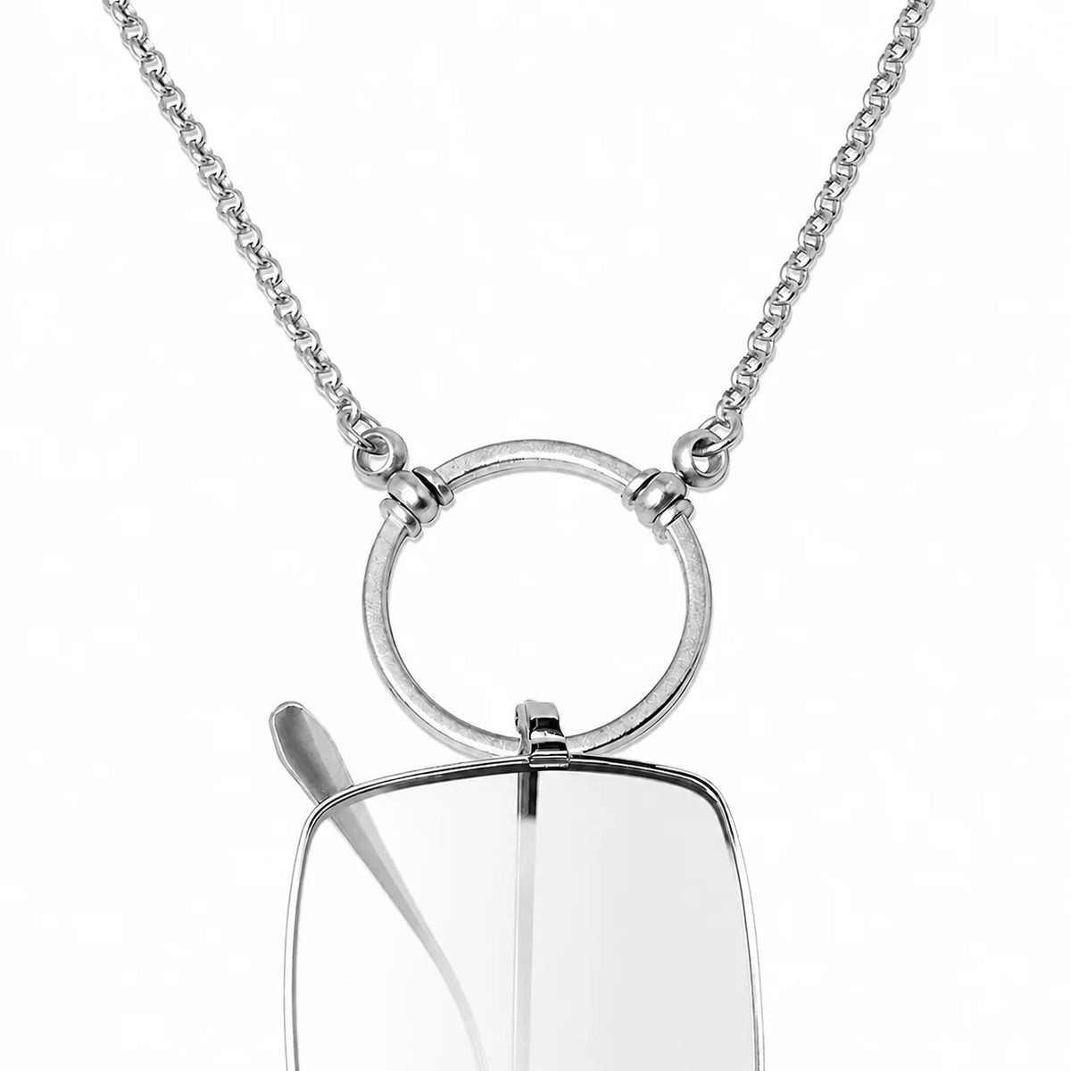 A silver La Loop Claudia chain necklace featuring a circular pendant designed to hold eyeglasses.