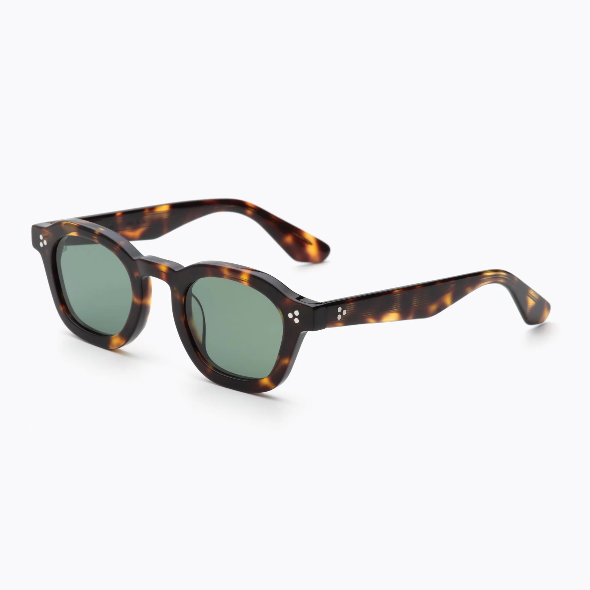 Tortoise acetate sunglasses with green lenses, featuring a rounded square frame shape, silver rivet detailing, and matching tortoise temples.