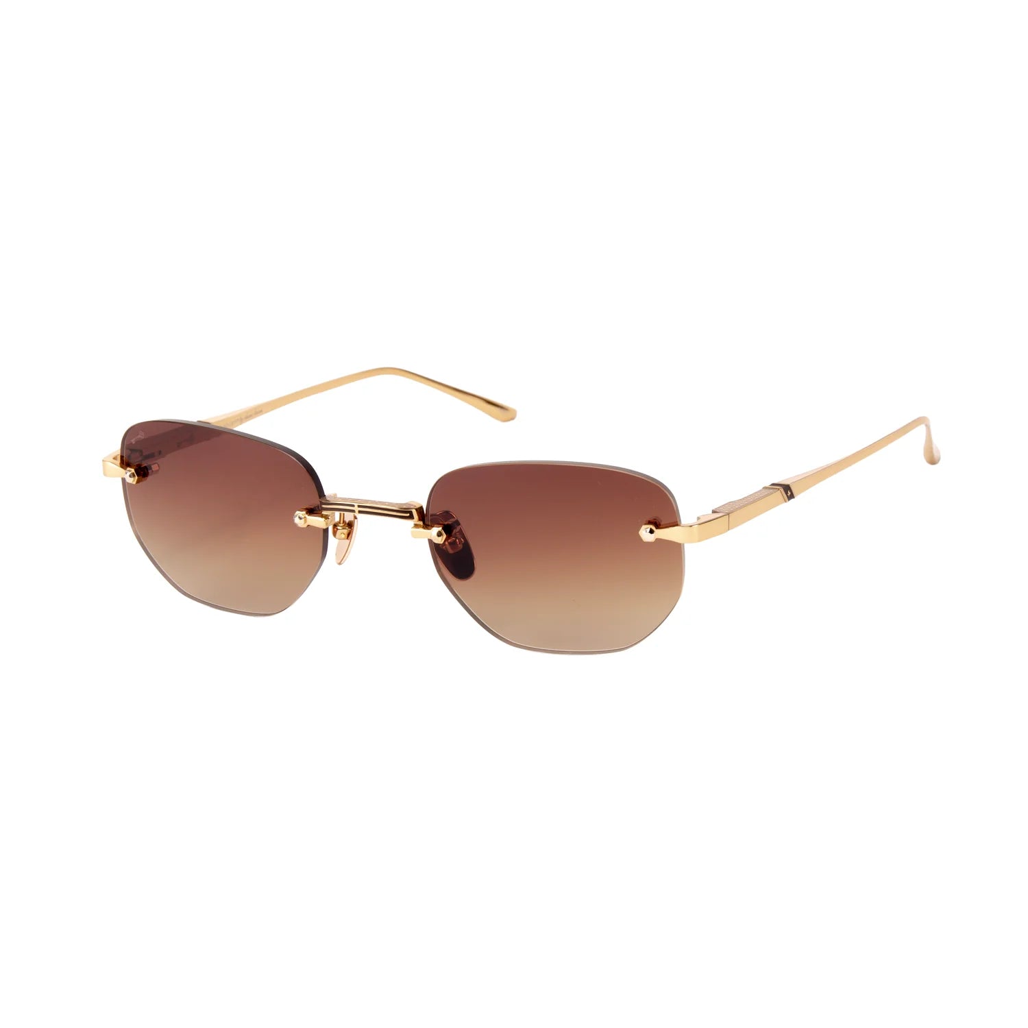Rimless sunglasses with a gold metal frame and brown gradient lenses, shown on a plain white background.