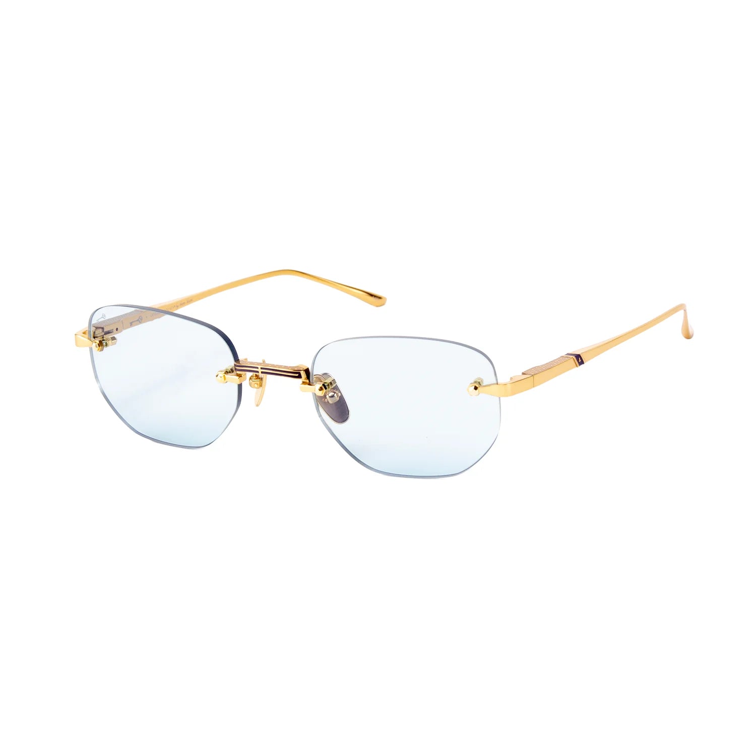 Rimless square eyeglasses with a gold metal frame and light blue tinted lenses, shown on a plain white background.