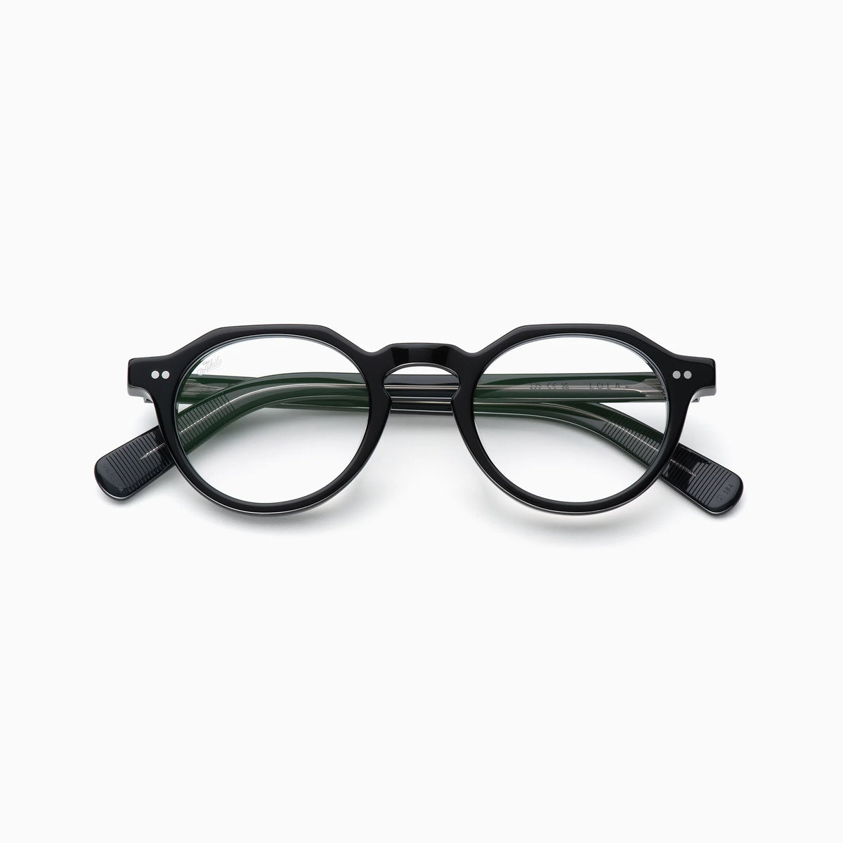 Akila Lola by Akila: Contemporary round black eyeglasses with clear lenses, displayed front-facing against a plain white background. These optical frames feature slightly open, visible arms, bringing a modern twist to a classic silhouette.