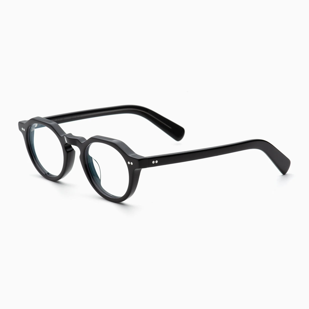 The Akila Lola by Akila are round black optical frames featuring a thick, contemporary design with clear lenses, displayed at an angle on a white background.