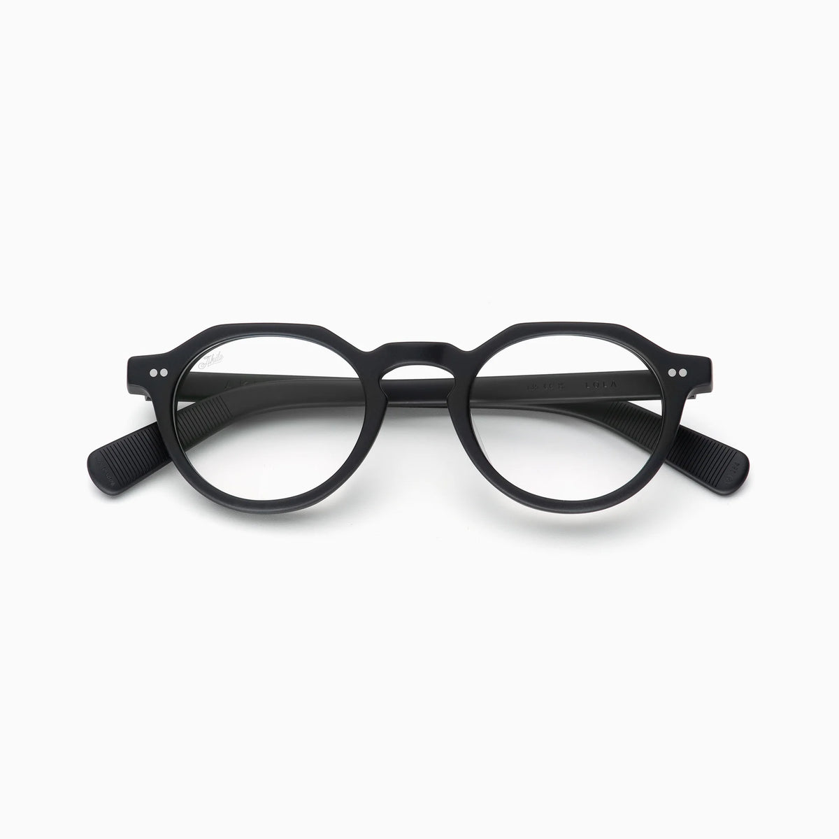 Akila Lola by Akila features black round optical frames with thick contours, shown from the front against a white background. The slightly open arms of these modern eyeglasses are also visible.