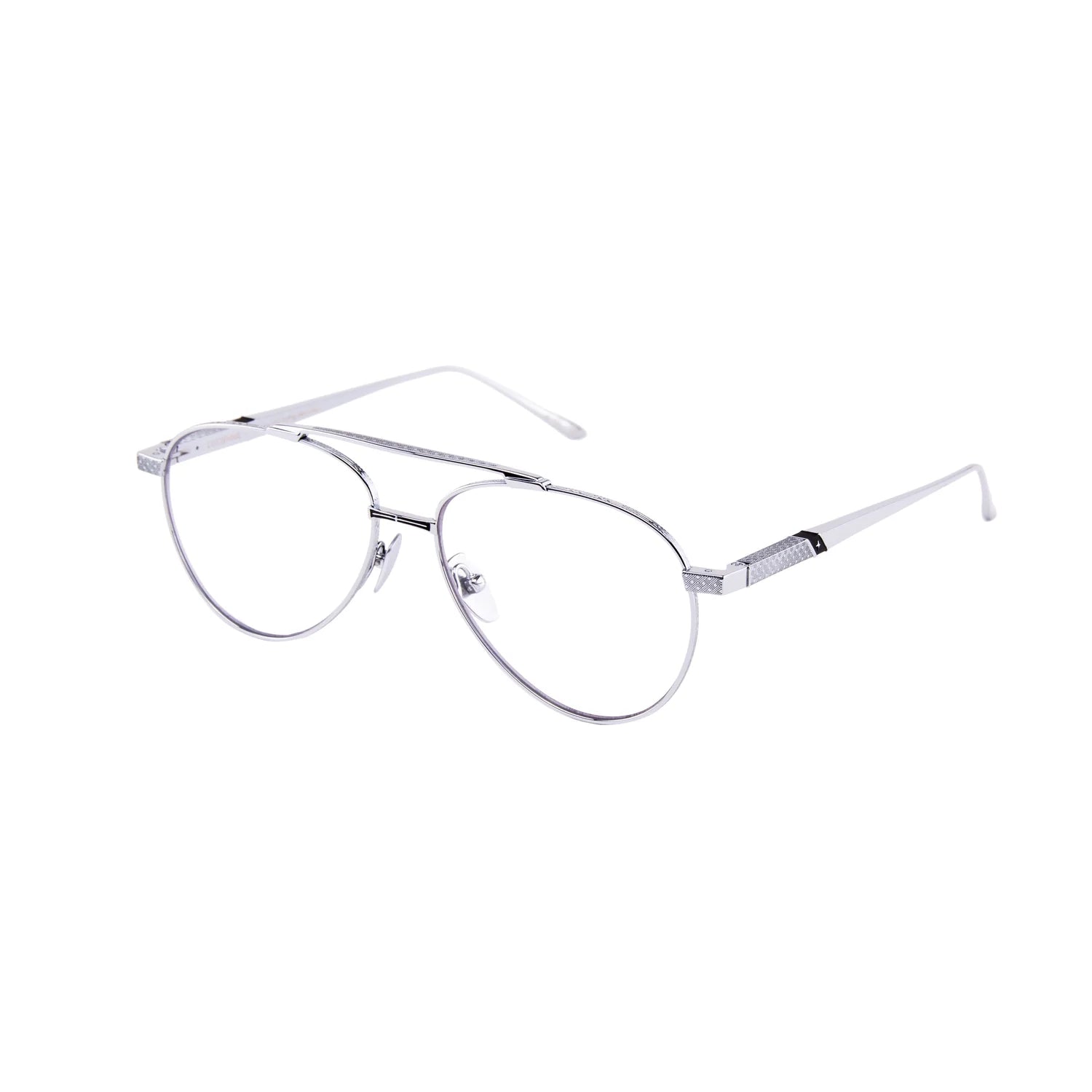 Silver metal aviator-style eyeglasses with clear lenses, shown at an angle on a plain white background.