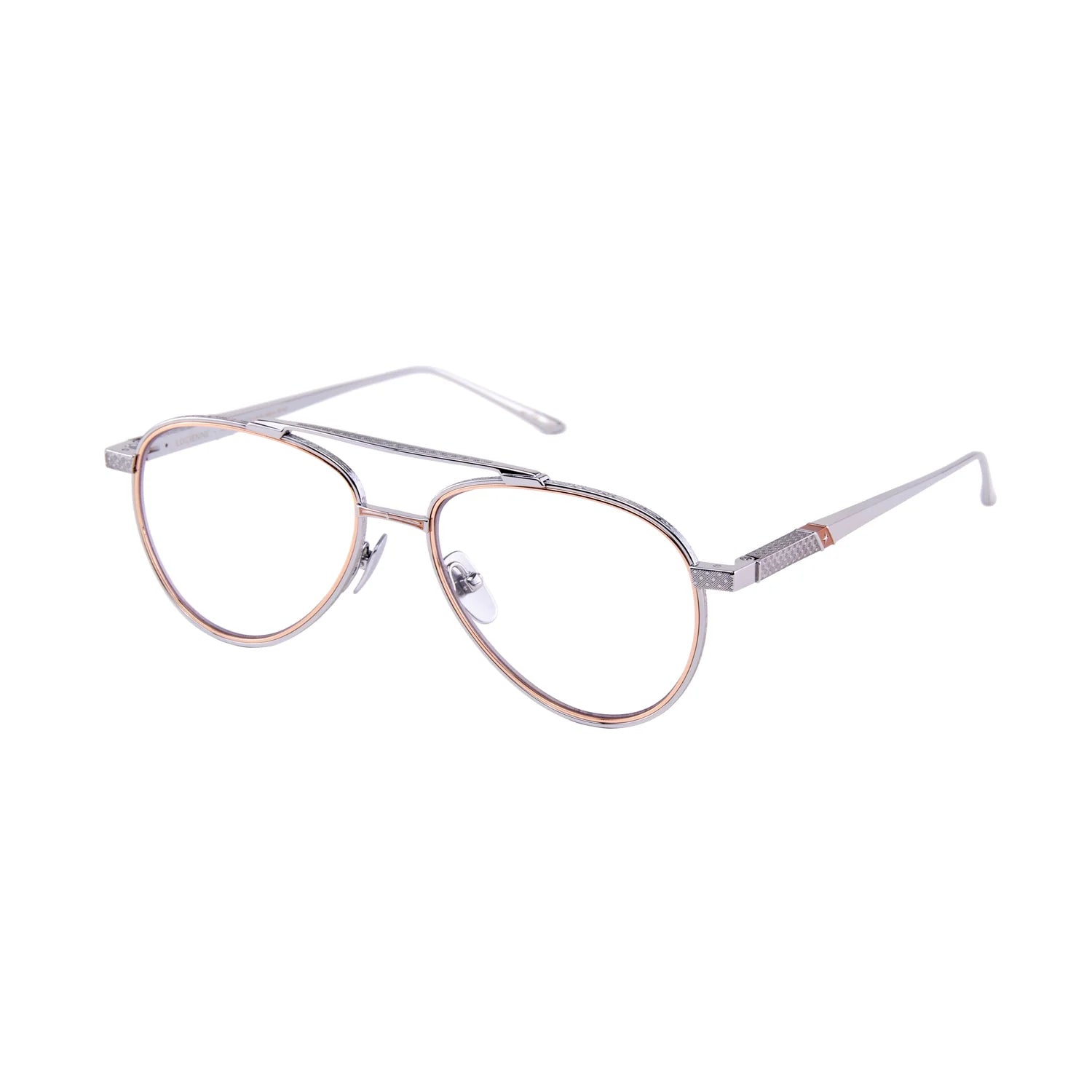 A pair of aviator-style eyeglasses with thin silver metal frames and rose gold-toned double rims around the lenses, shown on a plain white background.