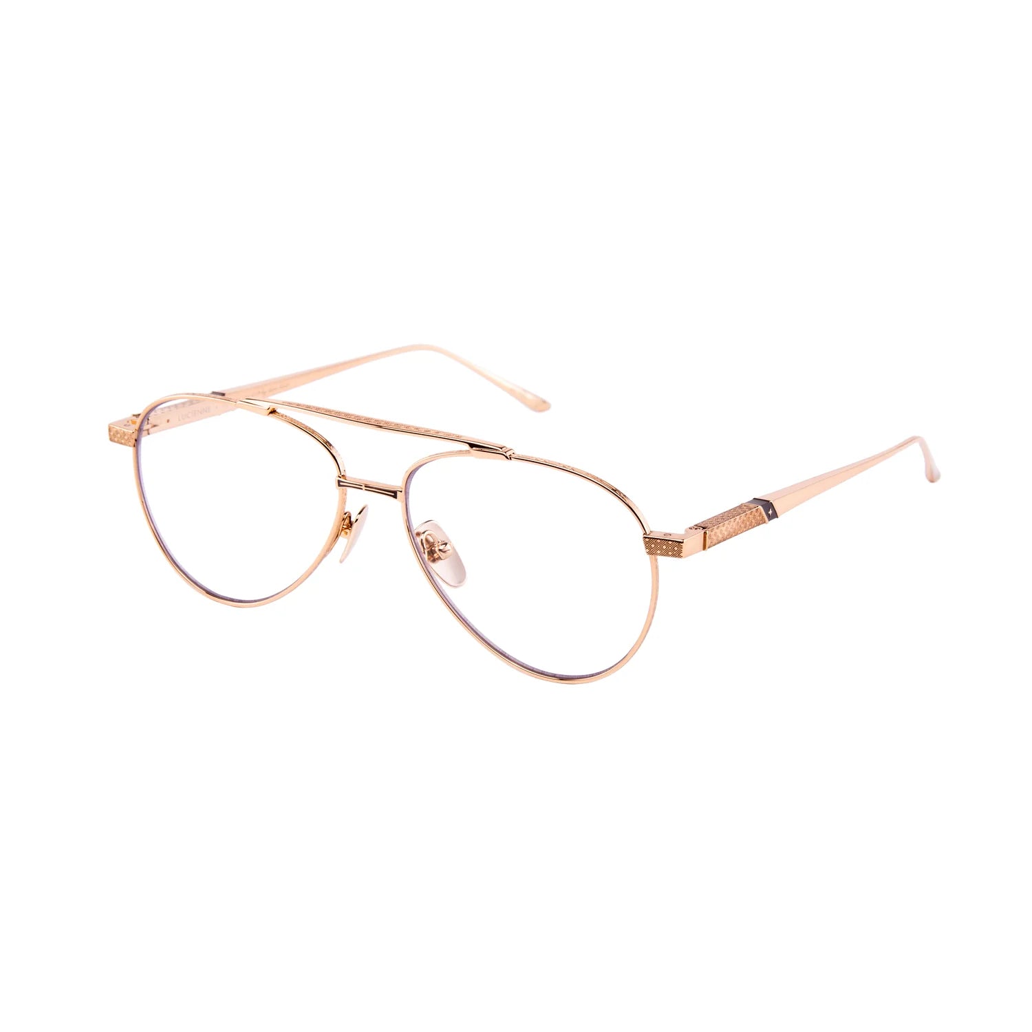 A pair of aviator-style eyeglasses with a thin rose gold metal frame and clear lenses, shown on a plain white background.