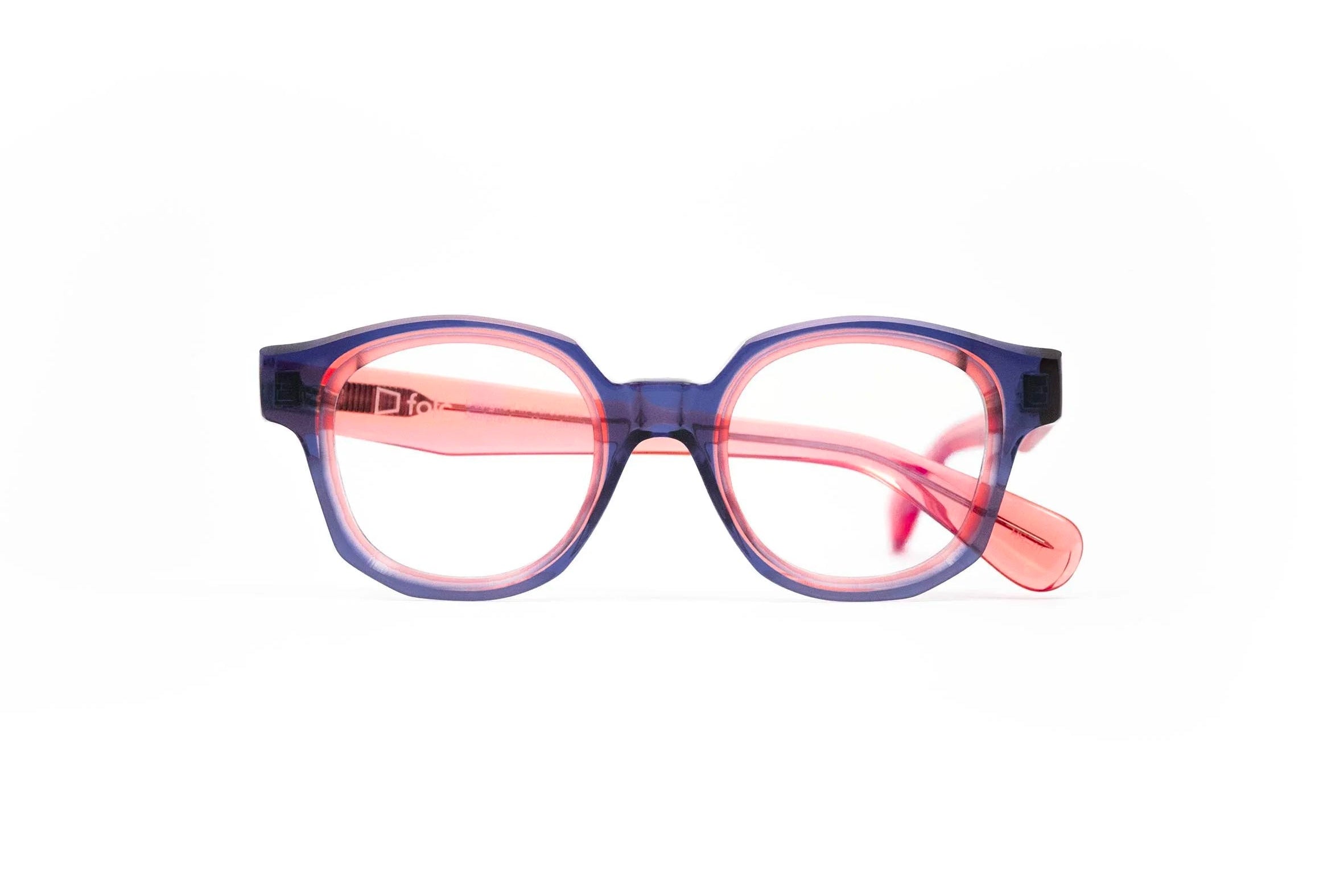 Glasses with a blue and pink frame on a white background