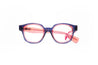 Glasses with a blue and pink frame on a white background